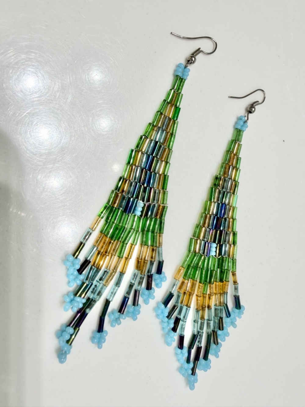 Handmade Green & Light Blue Beaded Fringe Earrings